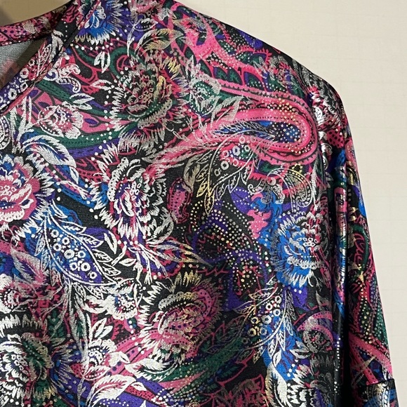 VTG 80s Silver Threads Sz M Paisley Polyester Silver Foil Dolman Sleeve Top - Picture 5 of 7